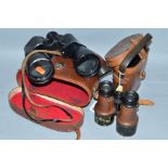 A CASED PAIR OF 'THE WRAY ELEVEN' 11 X 60 BINOCULARS, with smaller unmarked leather bound pair, both