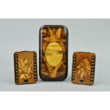 A VICTORIAN FERN WARE CIGAR CASE, together with a pair of Fern Ware whist markers (3)