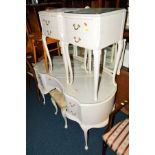 A WHITE PAINTED DRESSING TABLE with a triple mirror and various drawers, stool and a pair of two