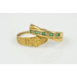 TWO 9CT GOLD RINGS, the first designed as a tapered bell with floral pattern, shank split to the