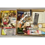 A BOX OF COSTUME JEWELLERY, WATCHES, etc to include a box of paste necklace and earrings, cufflinks,