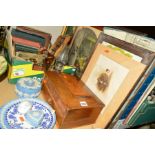 A BOX AND LOOSE SUNDRY AND CERAMIC ITEMS, to include work box, pictures, Wedgwood Jasperwares,