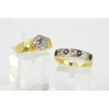 TWO SAPPHIRE AND DIAMOND RINGS, the first an 18ct gold seven stone sapphire and diamond ring set