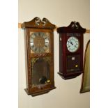 TWO MODERN MAHOGANY WALL CLOCKS, (2)