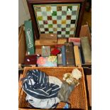A BOX OF SUNDRY ITEMS, to include books, Dominoes, chess board, chess pieces, doll, etc