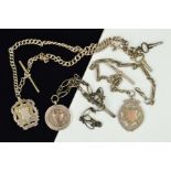 THREE EARLY 20TH CENTURY FANCY LINK ALBERT CHAINS, each together with additional fancy fobs, T-