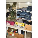 A LARGE COLLECTION OF PRE OWNED JEANS, CAMOUFLAGE JACKETS AND TROUSERS AND TOPS, by makers such as