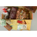 A BOX OF MAINLY CURRENT COINAGE, with some round one pound coins, a five pound Bailey banknote, etc,