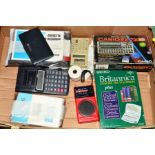 A BOX OF SUNDRIES to include calculators (Casio, Seiko etc), Waltham Cassette tape recorder, Selga