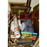 A BOX AND LOOSE SUNDRY ITEMS, to include a pair of cased Imperator binoculars 8 x 26, a pair of Carl