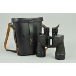A PAIR OF 'SARD' MAKER WWII ERA MILITARY BINOCULARS, in a black leather case, product of the