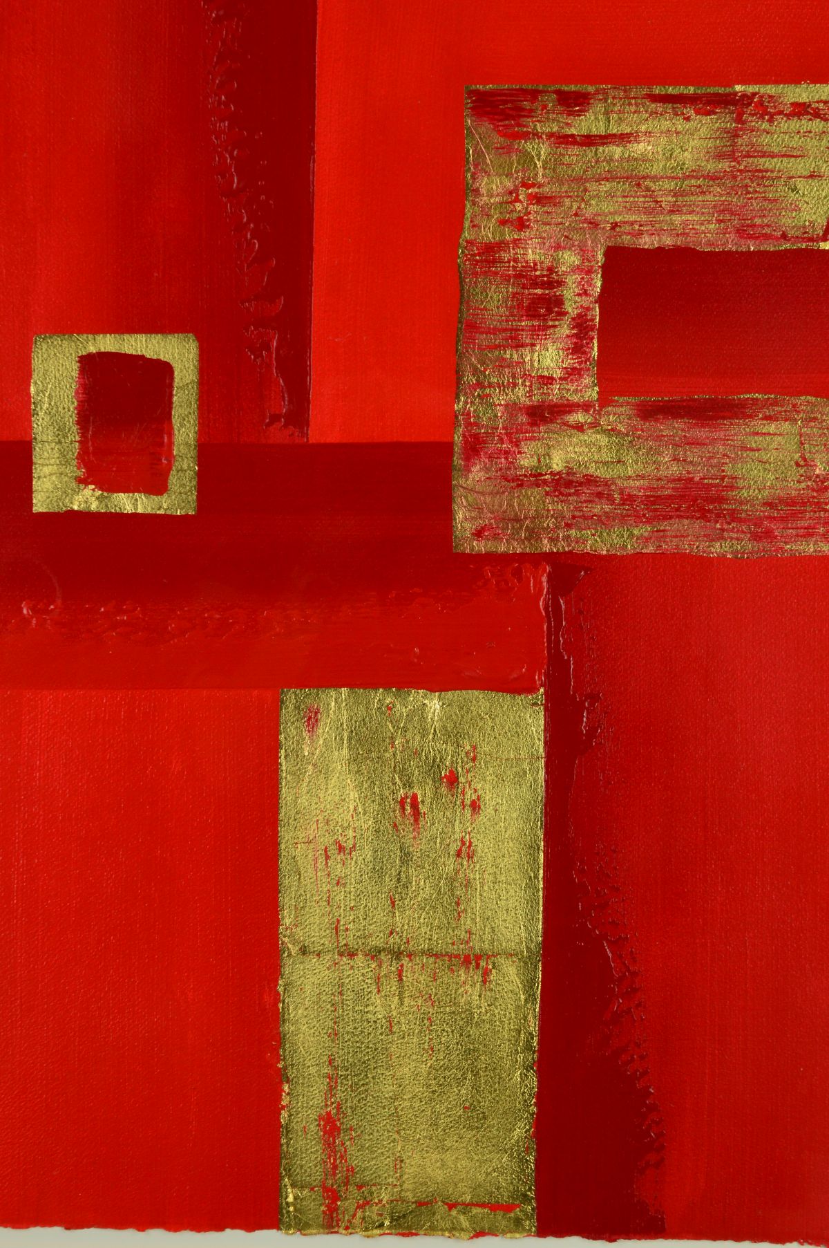 LINDA CHARLES (BRITISH CONTEMPORARY), ABSTRACT REDS AND GOLD, signed bottom left, mixed media on - Image 2 of 5