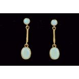 A PAIR OF 9CT GOLD OPAL DROP EARRINGS, each designed as a circular opal within a collet setting