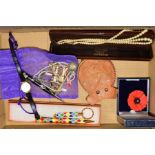 A SMALL BOX OF COSTUME JEWELLERY, etc, to include a two row cultured pearl necklace, a ladies