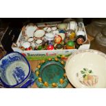 A BOX AND LOOSE CERAMICS, SUNDRIES ETC, to include Russian dolls, blue and white twin handled