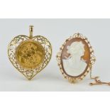 A CAMEO BROOCH AND A SOVEREIGN PENDANT, the cameo of oval outline depicting a lady in profile of the