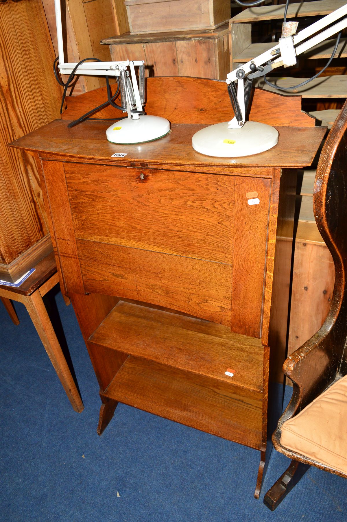 AN ARTS & CRAFTS NARROW OAK FALL FRONT BUREAU, width 76cm x depth 23cm x height 124cm