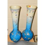 A PAIR OF LATE 19TH CENTURY JAPANESE POTTERY VASES OF ONION FORM, enamelled in relief with birds