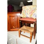 AN EDWARDIAN MAHOGANY SINGLE DOOR HANGING CORNER CUPBOARD, mahogany footstool and two other