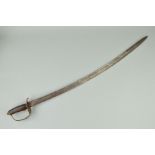 A VICTORIAN ERA SABRE, blade approximately 88cm long, ornate brass hand guard but wooden grip