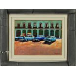 JEREMY SANDERS (BRITISH CONTEMPORARY) 'VINTAGE WORLD IV', American cars in a Cuban square, signed