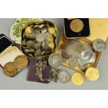 A BOX OF 20TH CENTURY COINS, Churchill medals, a mounted Victoria crown 1895, 1951 crown, etc