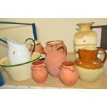 TERRACOTTA AND STONEWARE STORAGE JARS AND JUGS, etc, to include enamel basins and jug