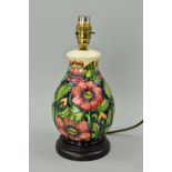 A MOORCROFT POTTERY TABLE LAMP, 'Pheasant's Eye' pattern, approximate height 29cm (including
