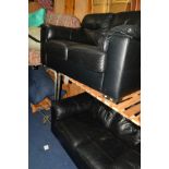 A PAIR OF BLACK LEATHER TWO SEATER SETTEES, (2)
