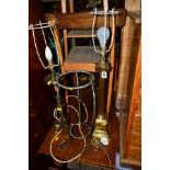 A BRASS COLUMN TABLE LAMP, another brass lamp and a metal stand (3)