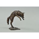 PETER JENKINS (B.1949), a bronze sculpture of a wolf on its hind legs, initialled P.J to base,