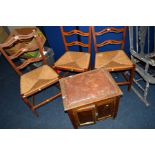 THREE EARLY 20TH CENTURY OAK RUSH SEATED CHAIRS, together with an oak piano stool with two doors(4)