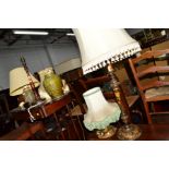 FIVE VARIOUS TABLE LAMPS, to include a 19th Century florally painted lamp