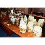 FOUR VARIOUS CERAMIC TABLE LAMPS, including an Aynsley lamp, together with three ceramic sherry jars