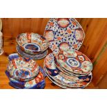 A GROUP OF JAPANESE WARES, to include Imari plates and bowls, a fish shaped dish, largest plate
