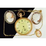 TWO CAMEO BROOCHES, A CAMEO PENDANT AND A POCKET WATCH, all cameos of oval outline depicting a