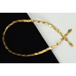 A NECKLACE, designed as two woven flattened snake chains to the spring release clasp, stamped 14K,