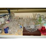 A QUANTITY OF CUT GLASS ETC, to include Swarovski and other crystal ornaments, drinking glasses,