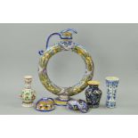 A SMALL GROUP OF FAIENCE/CONTINENTAL WARES, etc, to include a large 'O' shaped jug, height