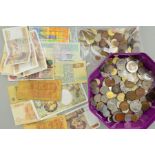 A TUB OF WORLD COINS, to include a small amount of banknotes, five pound coin, commemoratives, etc