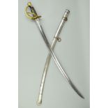 A 1860 STYLE U.S. CAVALRY SWORD, complete with white metal scabbard, blade is curved and has no