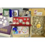 A BOX OF COINS AND MEDALS, to include a silver commemorative 1972, a Bahama Islands proof set