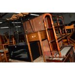 AN EDWARDIAN OAK SEWING BOX, two bar stools and a towel tail (4)