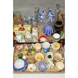 TWO BOXES OF CERAMICS AND GLASS, etc, to include decanters, Minton Delft plate, Doulton Bunnykins