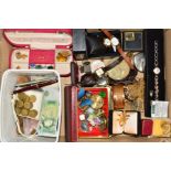 A BOX OF COSTUME JEWELLERY, WATCHES AND COINS, to include ladies wristwatches, costume jewellery