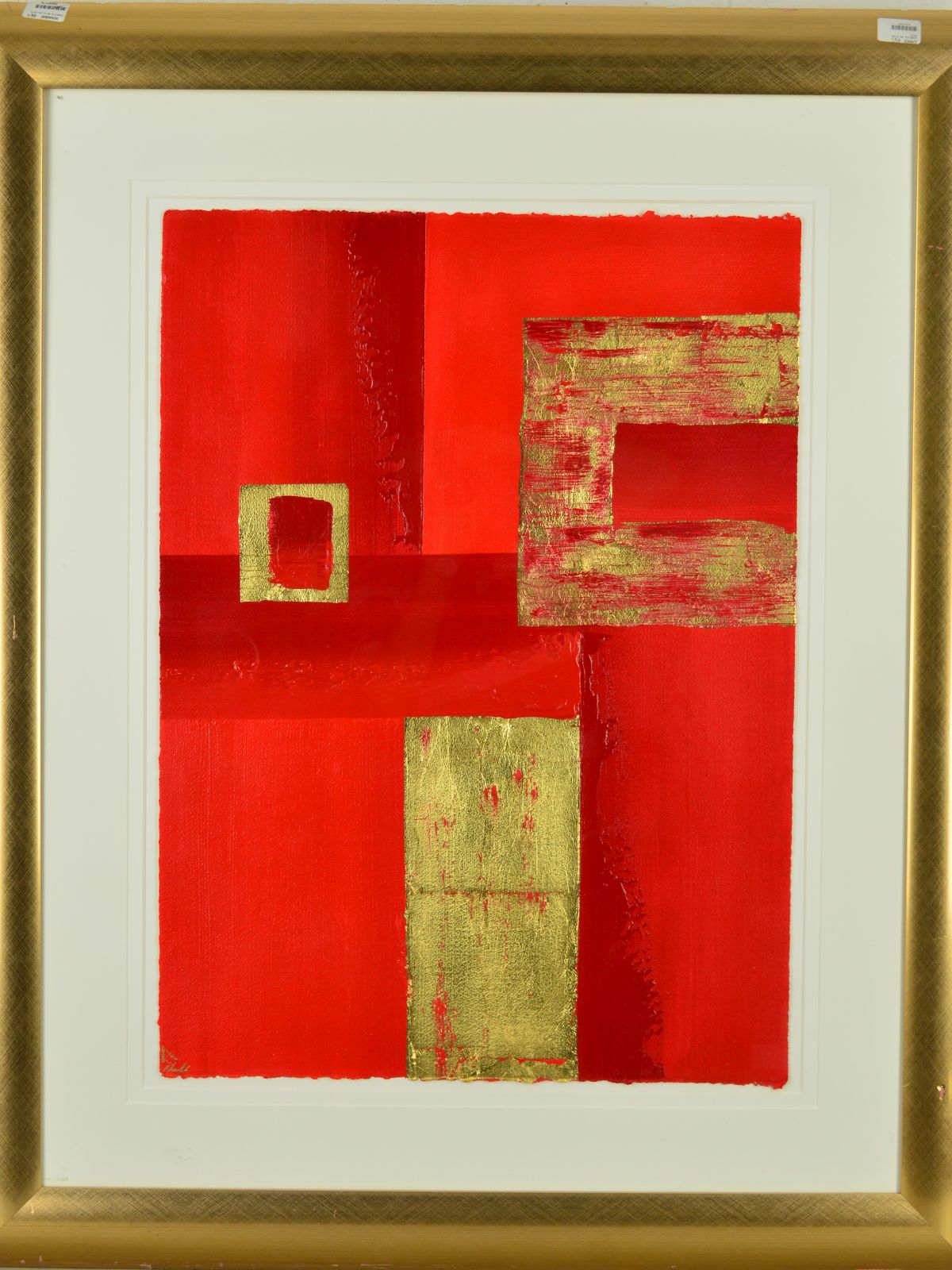 LINDA CHARLES (BRITISH CONTEMPORARY), ABSTRACT REDS AND GOLD, signed bottom left, mixed media on