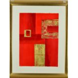 LINDA CHARLES (BRITISH CONTEMPORARY), ABSTRACT REDS AND GOLD, signed bottom left, mixed media on