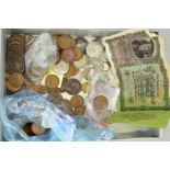 A SMALL BOX OF COINAGE, with amounts of silver to include a 1932 George V Florin coin, etc