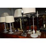 A PAIR OF MODERN DECORATIVE TABLE LAMPS, together with a set of three modern column table lamps,