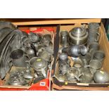 TWO BOXES OF PEWTER ETC, to include tankards, jugs, trays, jelly mould, cruets etc